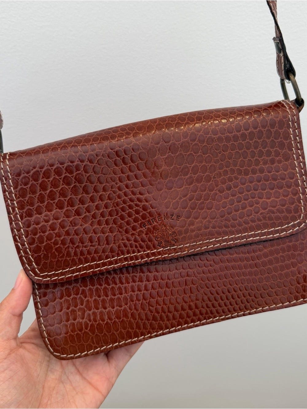Firenze Embossed Brown Leather Crossbody Bag
